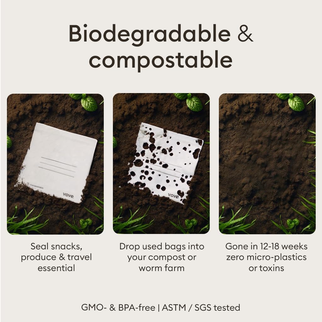 Vove Compostable Snack Bags, Small 50 Count – Freezer Safe, Leak Resistant, Non Toxic, Writable & Reusable Food Storage, Plastic-Free Eco Bags