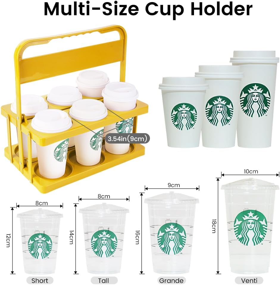 Reusable Drink Carrier with Handle for Doordash, Grubhub, Portable Cup/Coffee Holder Accessories for Delivery, Foldable Drinks Caddy with Tray, Car Durable Plastic Festive Bottle, Vacation