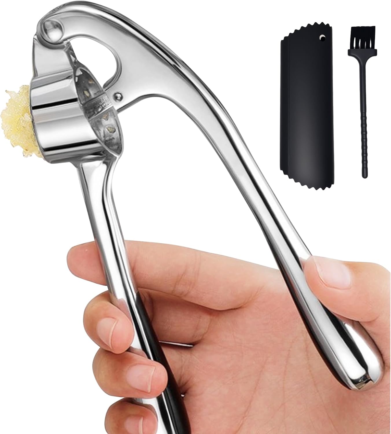 Stainless Steel Garlic Press Set w/Silicone Peeler & Brush, Heavy Duty Metal Garlic Mincer, Dishwasher Safe, Easy Clean (Regular Handle)