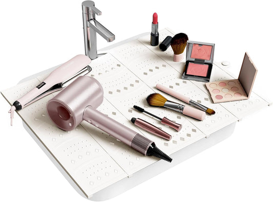 Bathroom Sink Cover for Counter Space, Sink Mat Foldable Sink Cover, Silicone Makeup Organizer Mat Space Saver, Small Bathroom & Rv Camper Travel Must Haves Accessories, Pearl