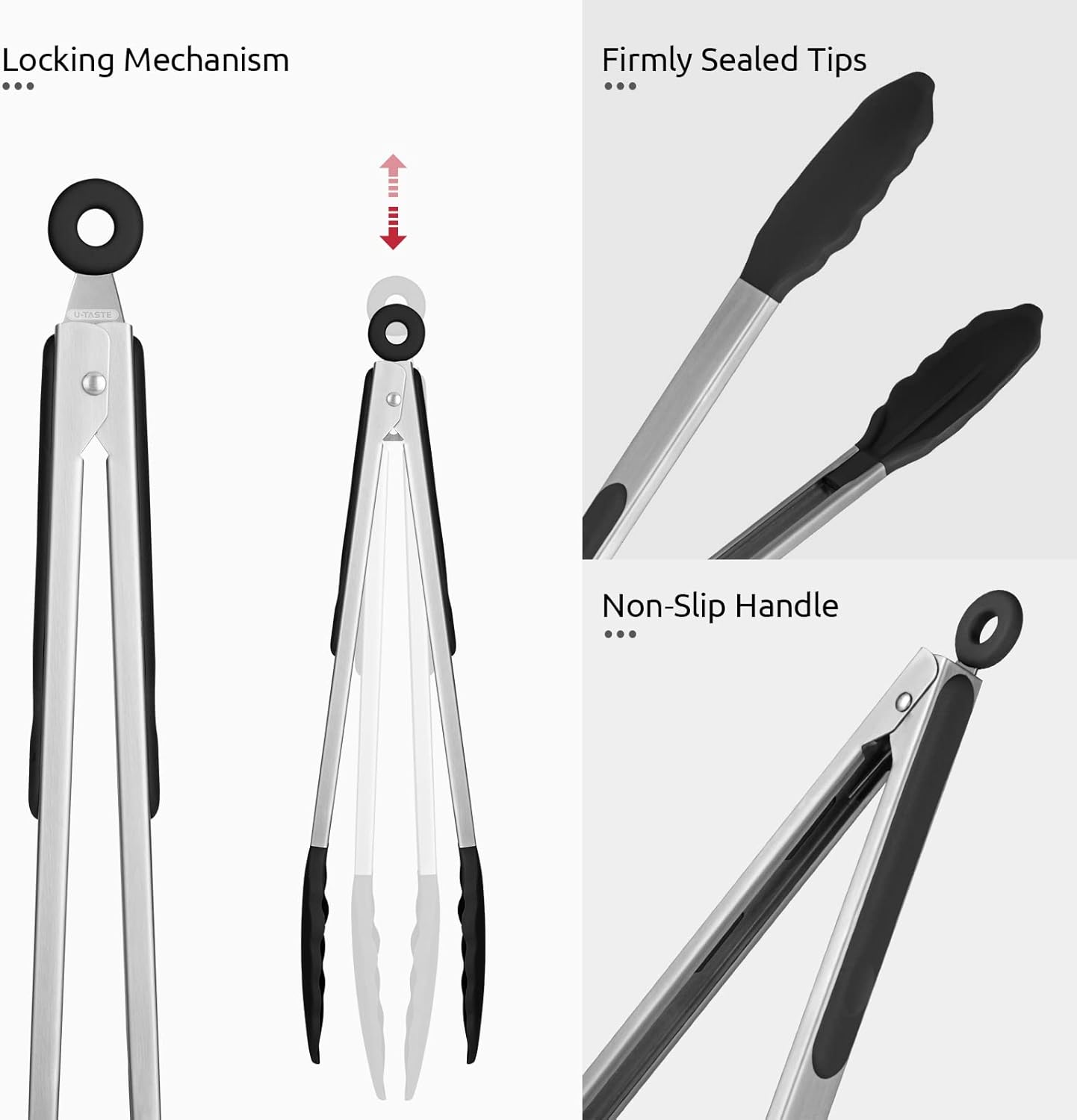 600ºF Heat Resistant Kitchen Tongs: U-Taste 12 inch Large Silicone Cooking Tong with Sturdy Non Stick Rubber Tips & Silicon Coated 18/8 Stainless Steel Handle & Smooth Locking for Serving Grill(Black)
