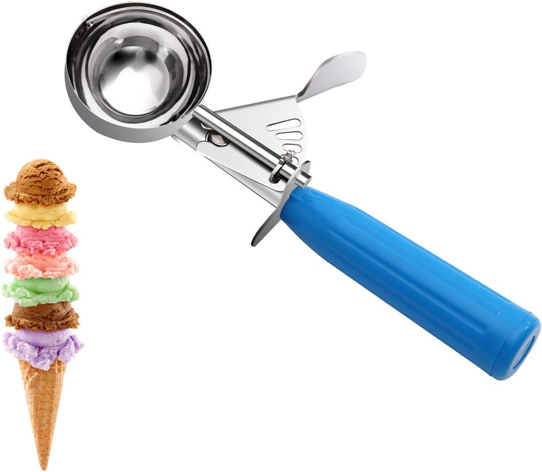 Commercial-Grade Ice Cream Scooper 2 oz, 18/8 Stainless Steel Cookie Scoop with Plastic Handle, Portion Control Disher Scoop for Bakeries, Restaurants & Dessert Shops, #16, Blue
