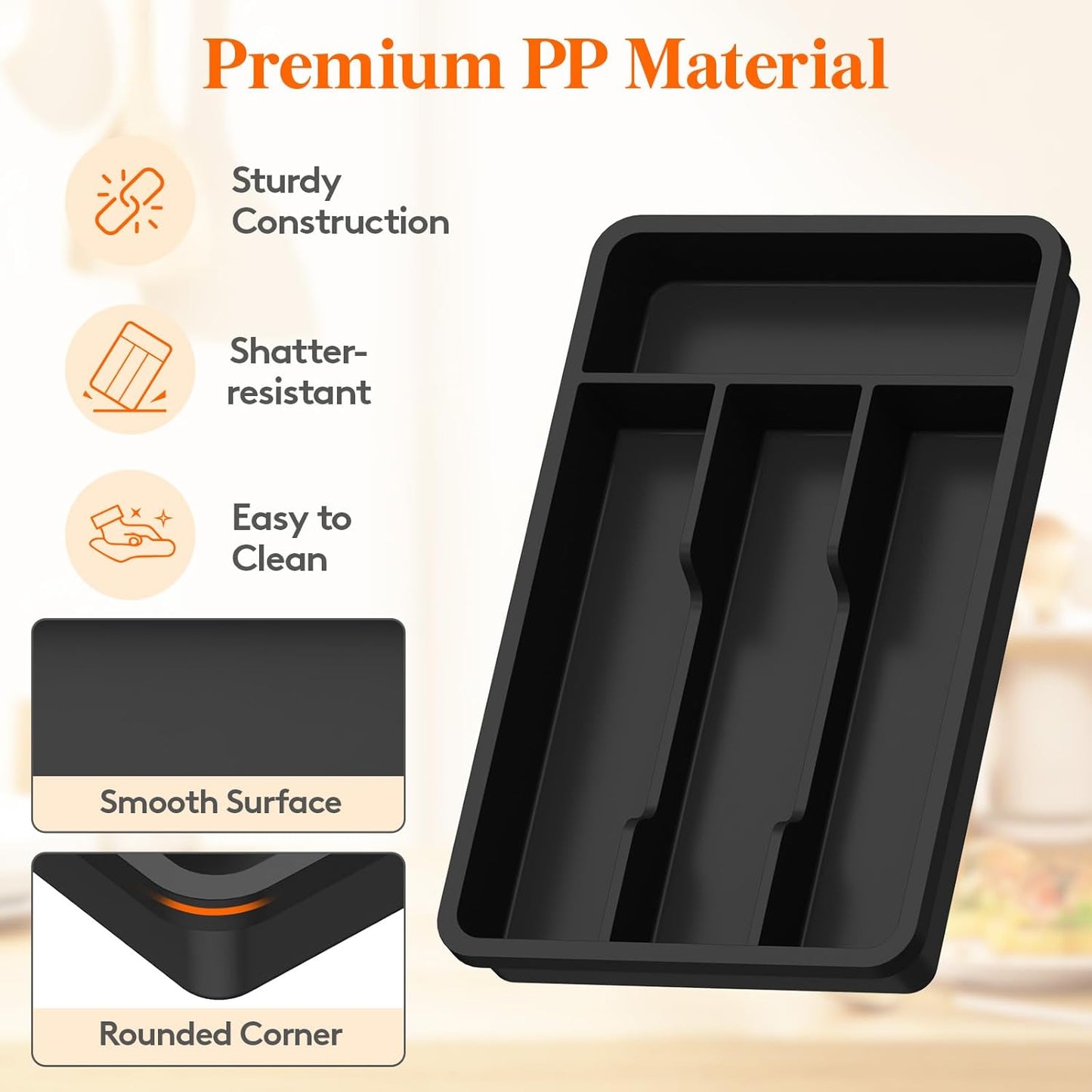 Lifewit Silverware Tray, Cutlery Drawer Organizer Storage for Kitchen, Plastic Flatware Utensil Holder Divider for Spoons Forks Knives Tableware, 4 Compartment, Black