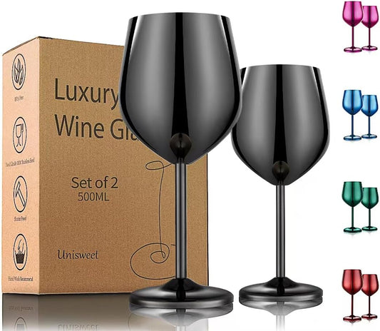 Stainless Steel Wine Glasses Set of 2, 18 oz Unbreakable Black Wine Glass Unique Metal Wine Goblets for Outdoor Capming and Pool Gift for Wine Lovers