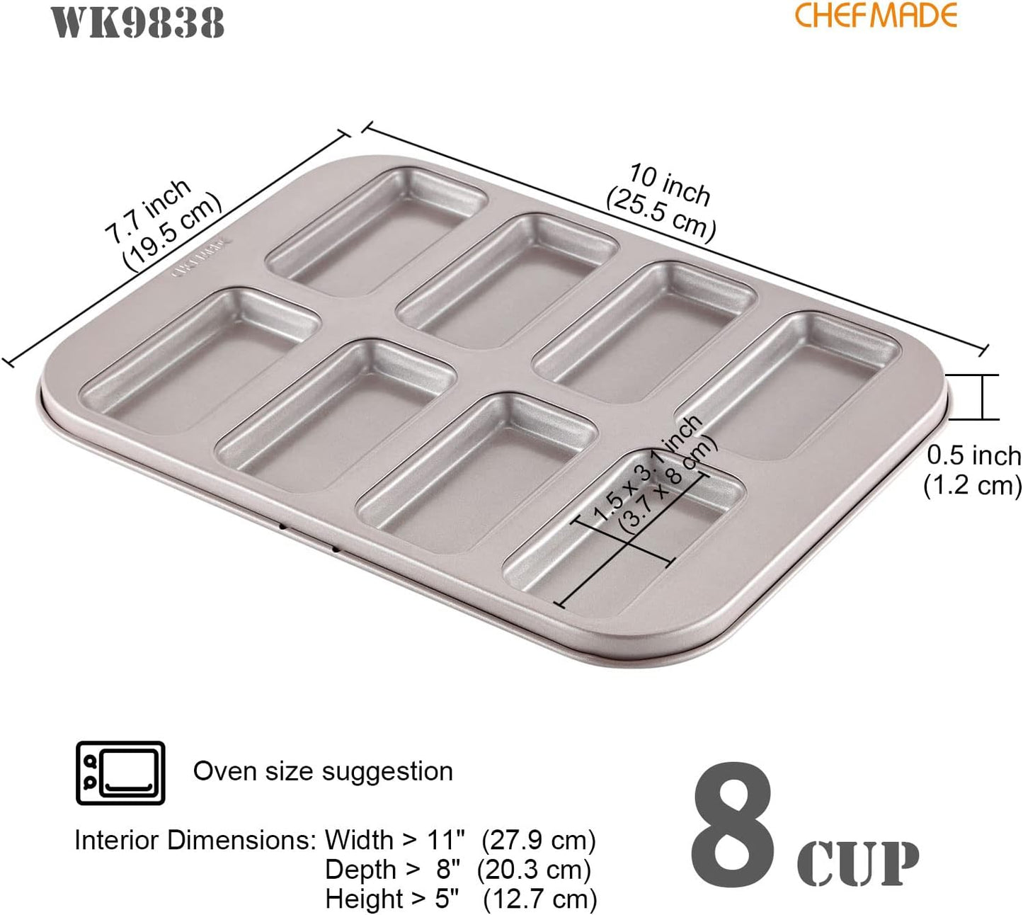 CHEFMADE Financier Cake Pan, 8-Cavity Non-Stick Muffin Pan Biscuits Cookies Bakeware for Oven Baking (Champagne Gold)