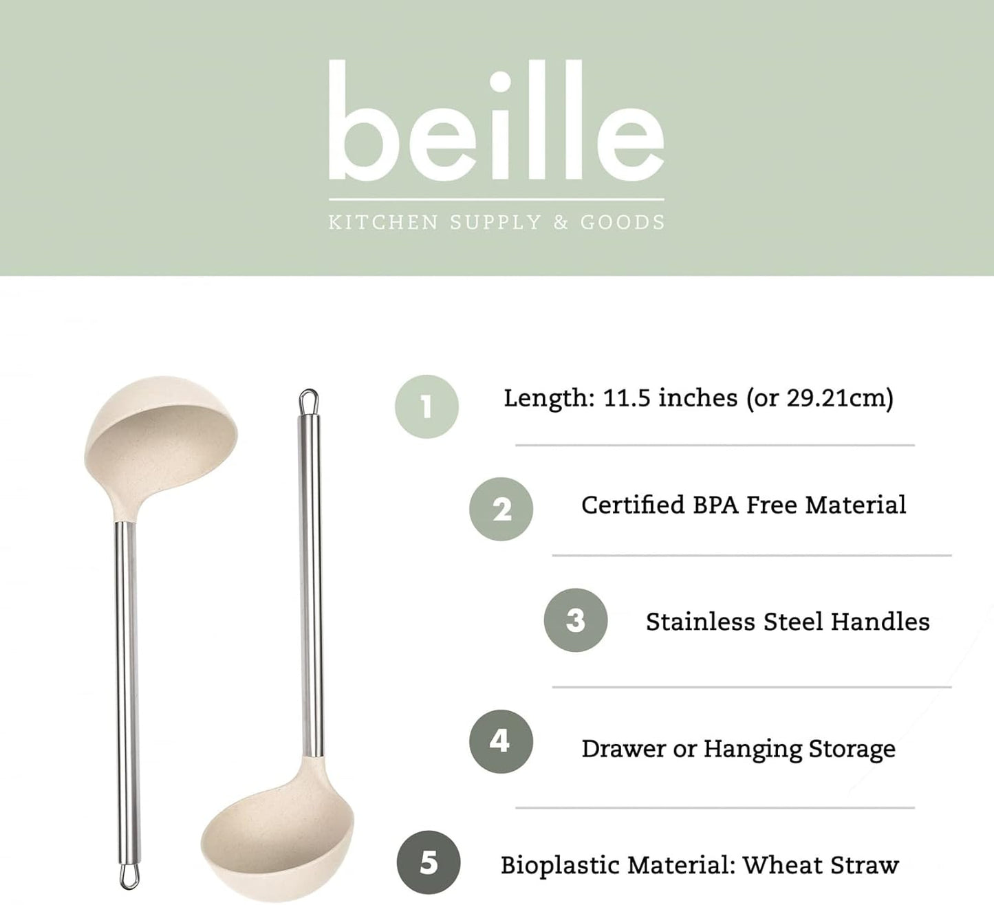 Beille Cream Wheat Straw Ladle with Stainless Steel Handle Kitchen Utensils, 13 Inch