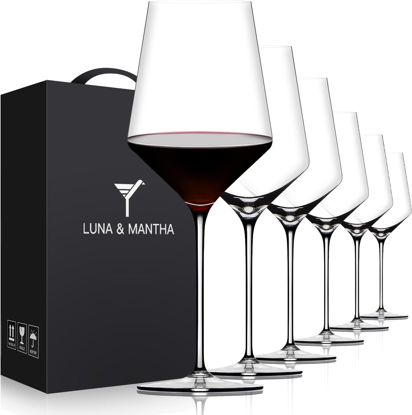 OJA Red Wine Glasses Set of 6, Premium Crystal Wine Glasses Hand Blown, 17 oz, Long Stem, Thin Rim, Perfect for Daily Use, Unique Wedding Anniversary or Birthday Gift