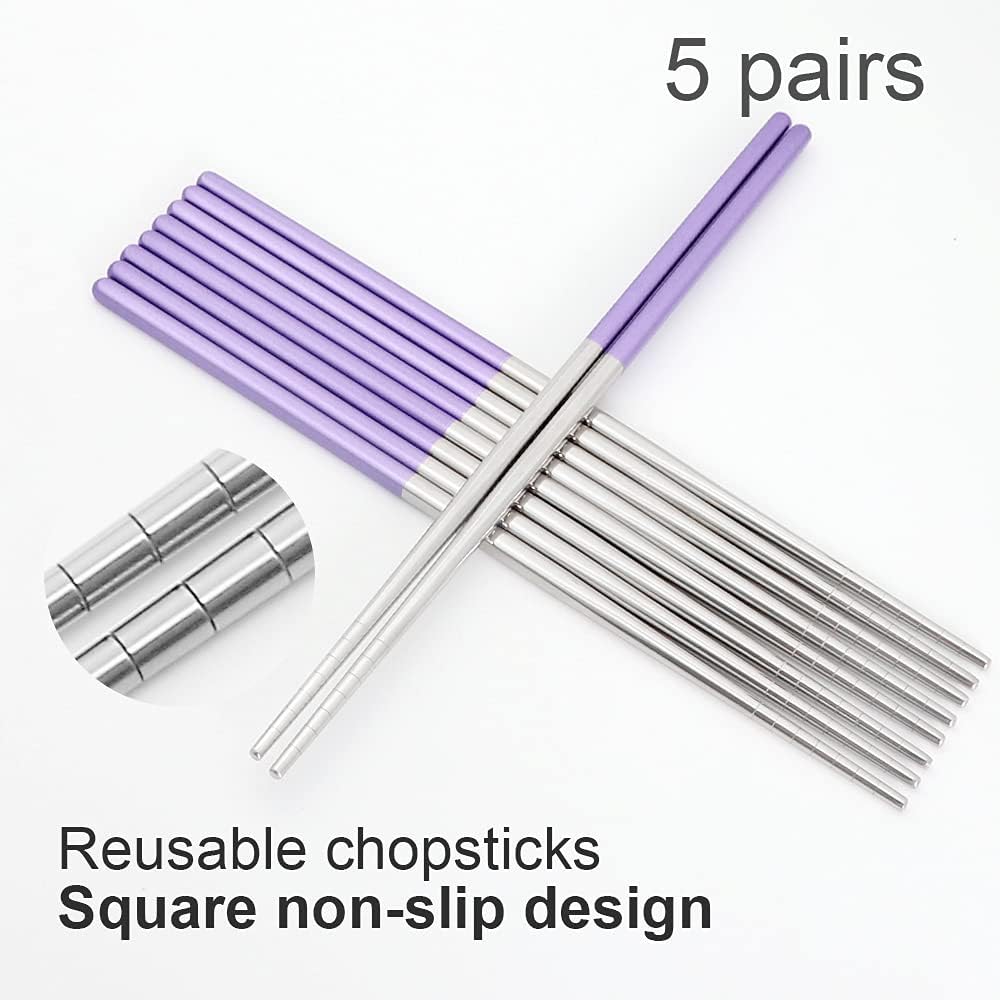 Stainless Steel Chopsticks Reusable Multicolor Lightweight 304 Metal Chopsticks Dishwasher Safe - 5 Pairs (Purple)