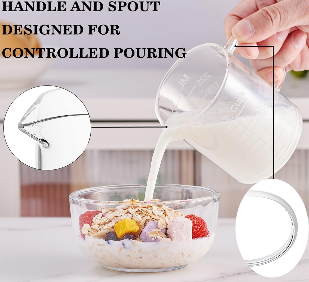 Ackers Etched Graduated Glass Measuring Cup - [Insulated Handle | V-Shaped Spout] - High Borosilicate Glass Measuring Cup for Kitchen or Dining, Easy to Read, 250ml (8oz, 1 Cup)