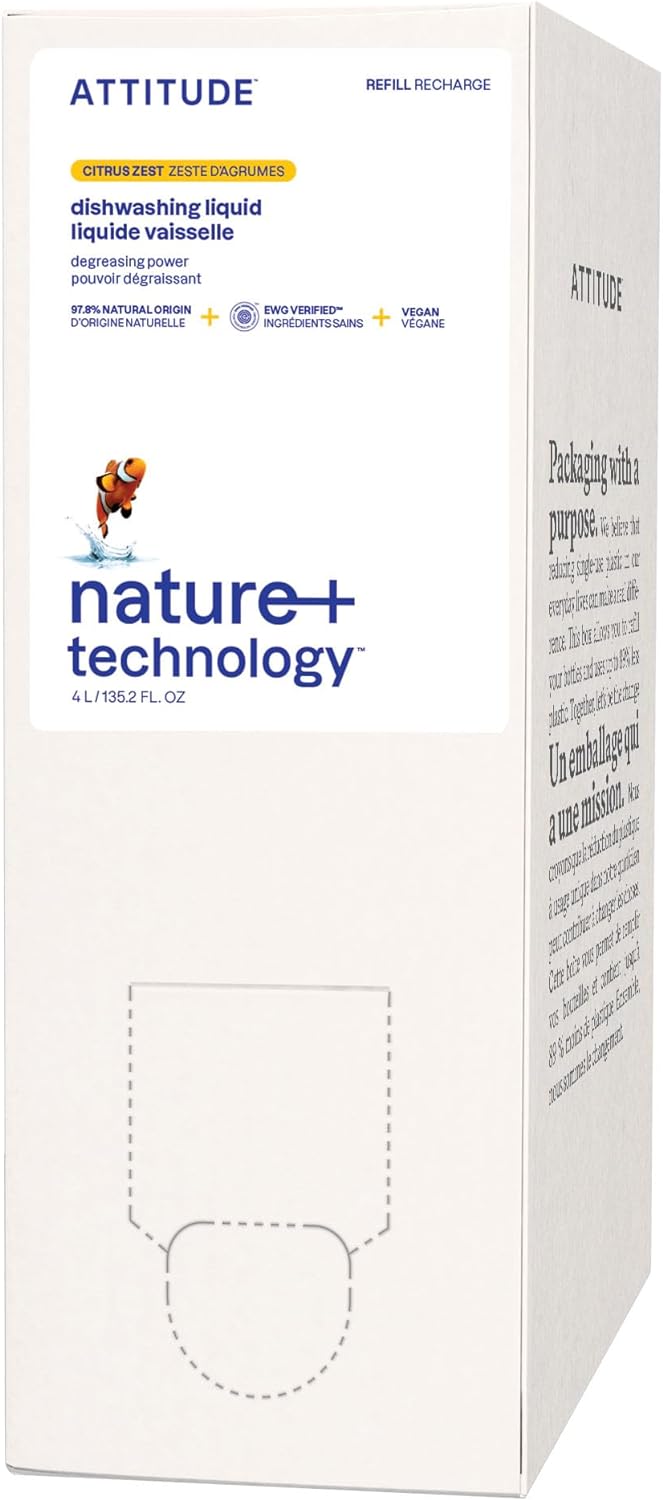 ATTITUDE Dish Soap Refill, EWG Verified, Plant-Based & Vegan Dishwashing Liquid, Naturally Derived, Citrus Zest Scent, 135.3 Fl Oz