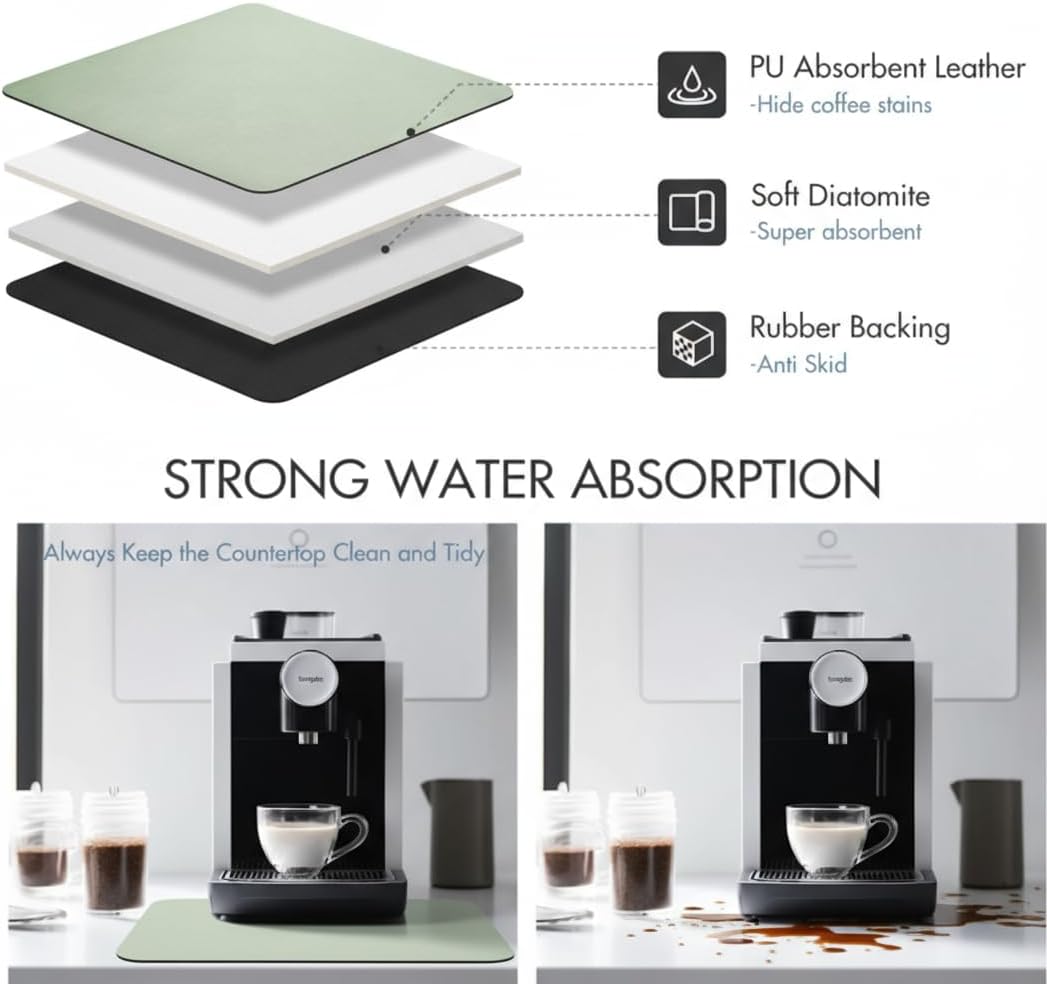 Dish Drying Mat Super Absorbent – 16" x 18" Coffee Mat for Countertops – Non-Slip Drying Mat for Kitchen Counter – Easy to Clean Water Absorbent Mat – Quick Dry Dish Mats (Sage)