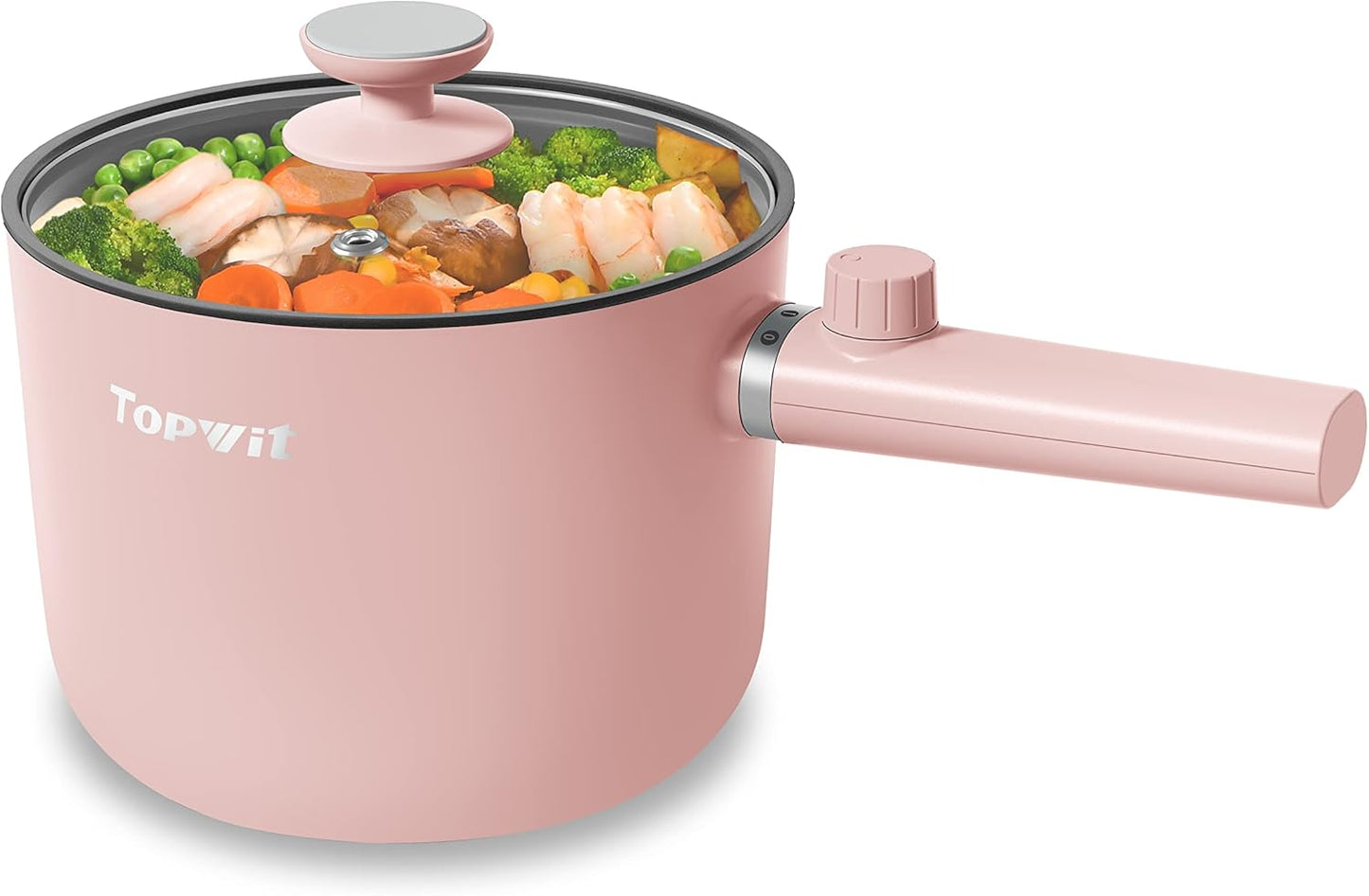 Topwit Hot Pot Electric, 1.5L Ramen Cooker, Portable Non-Stick Frying Pan, Electric Pot for Pasta, Steak, BPA Free, Electric Cooker with Dual Power Control, Over-Heating & Boil Dry Protection, Pink