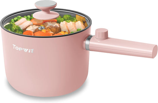 Topwit Hot Pot Electric, 1.5L Ramen Cooker, Portable Non-Stick Frying Pan, Electric Pot for Pasta, Steak, BPA Free, Electric Cooker with Dual Power Control, Over-Heating & Boil Dry Protection, Pink