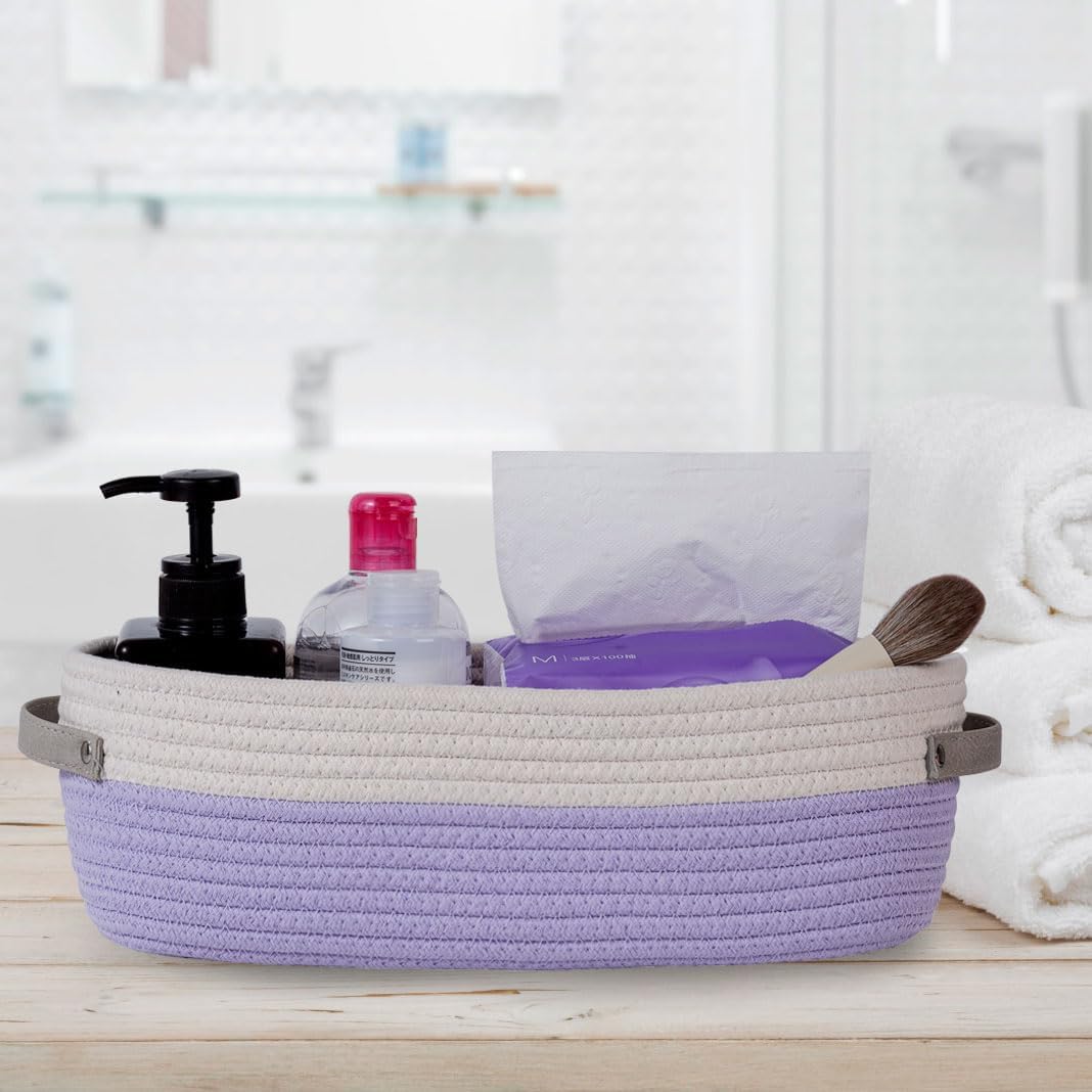 2 Pack Small Cotton Rope Woven Basket Toilet Paper Baskets for Organizing Decorative Baskets for Boho Decor Small Storage Basket 13"x5.9"x4" Purple