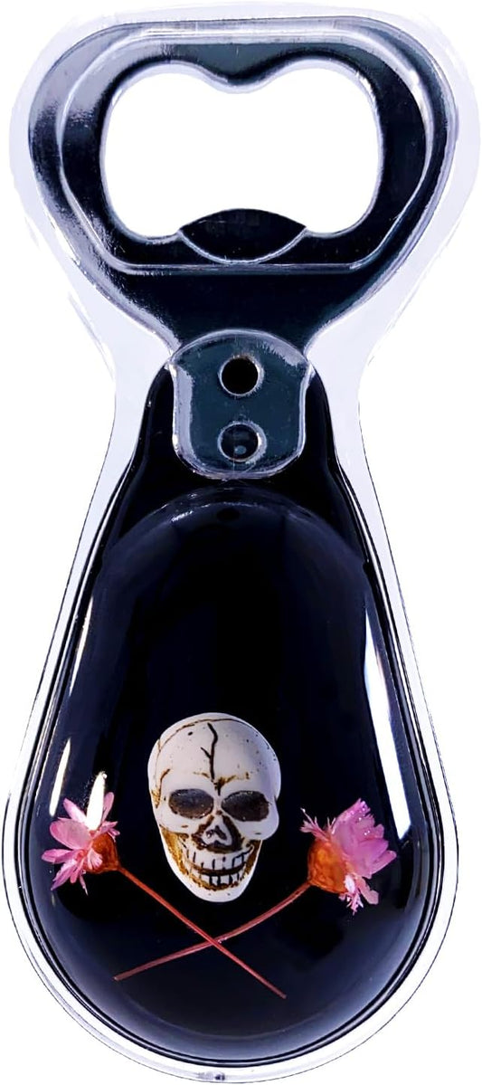 Halloween Ghost Skull Decor, Magnetic Bottle Opener, Original Design Skull Flower in Black Resin – Strong Magnet for Fridge – – Gothic Halloween Gifts - Midnight Black