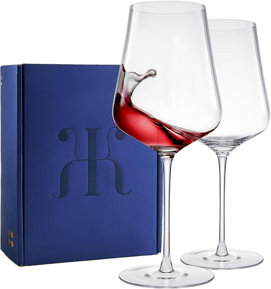 Universal All Purpose Modern Thin Crystal Wine Glasses, Worlds Lightest Wine Glass (88 Grams) Tall Long StemDurable & Resistant | 2 Set Glassware | Handblown & Lead-Free, Stemmed Unique Shape 18oz