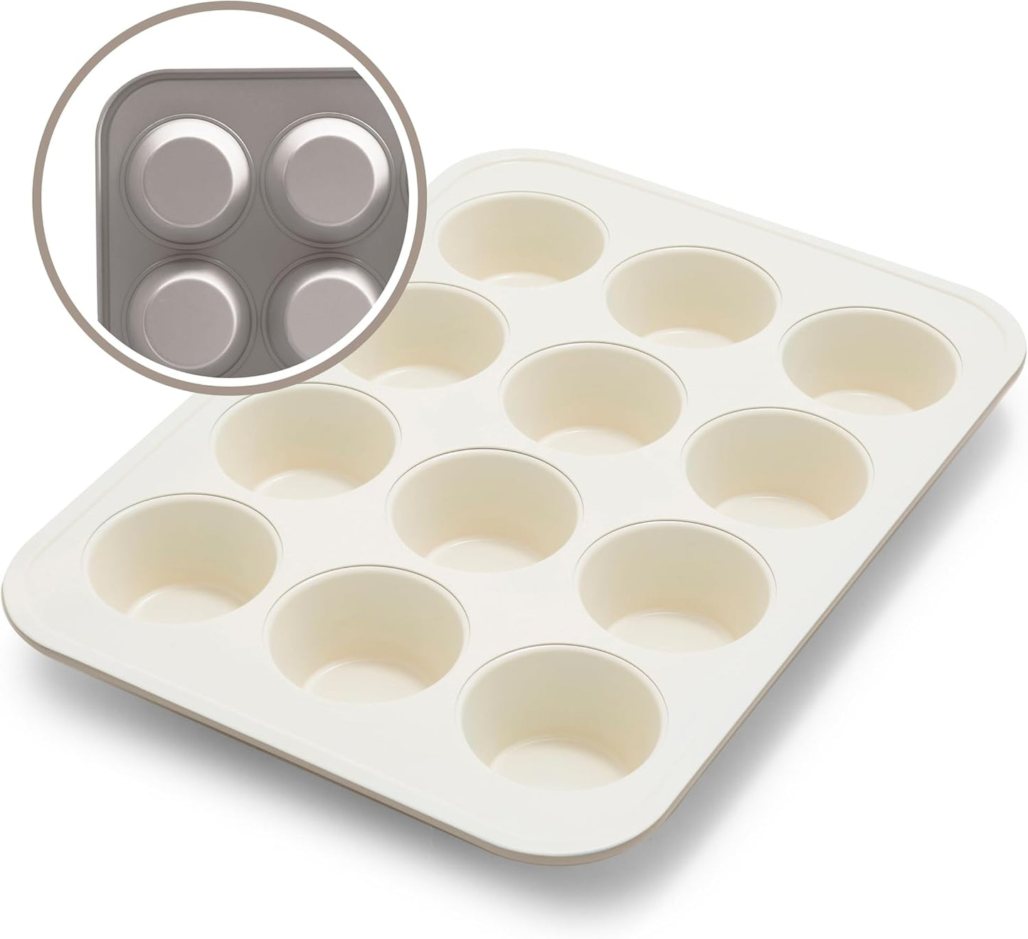 GreenLife 12-Cup Muffin Pan, Healthy Ceramic Nonstick Bakeware, PFOA & PFAS-Free Cupcake Tray, Durable Baking Pan, Versatile Kitchen Essential, Easy Clean Muffin Mold, Nonstick Baking Sheet, Taupe