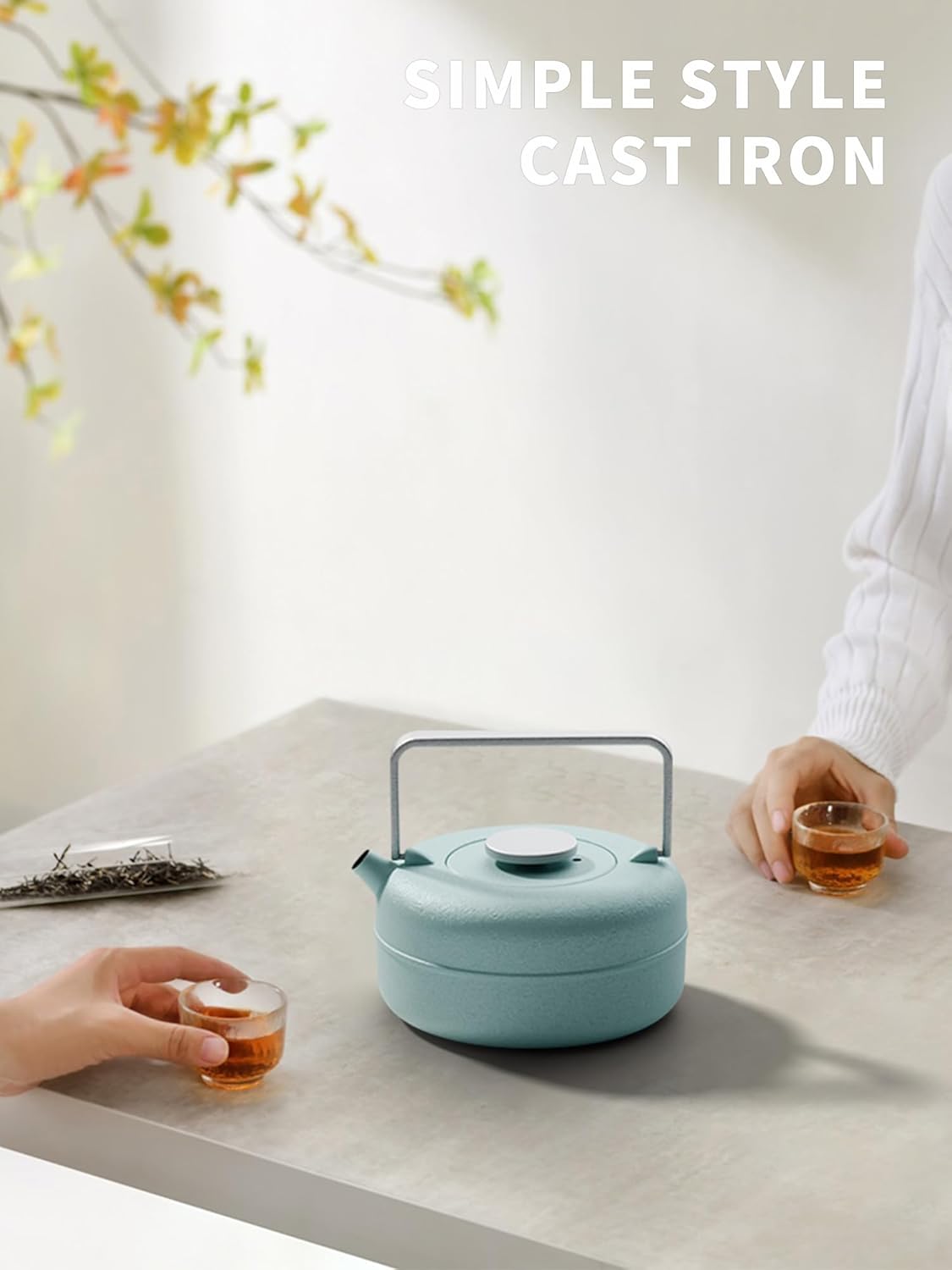 Toptier Teapot with Removable Infuser, Cast Iron Tea Kettle Stovetop Safe, Solid Geometry Cylinder Design Tea Pot Coated with Enameled Interior for 27 Ounce (800 ml), Babyblue