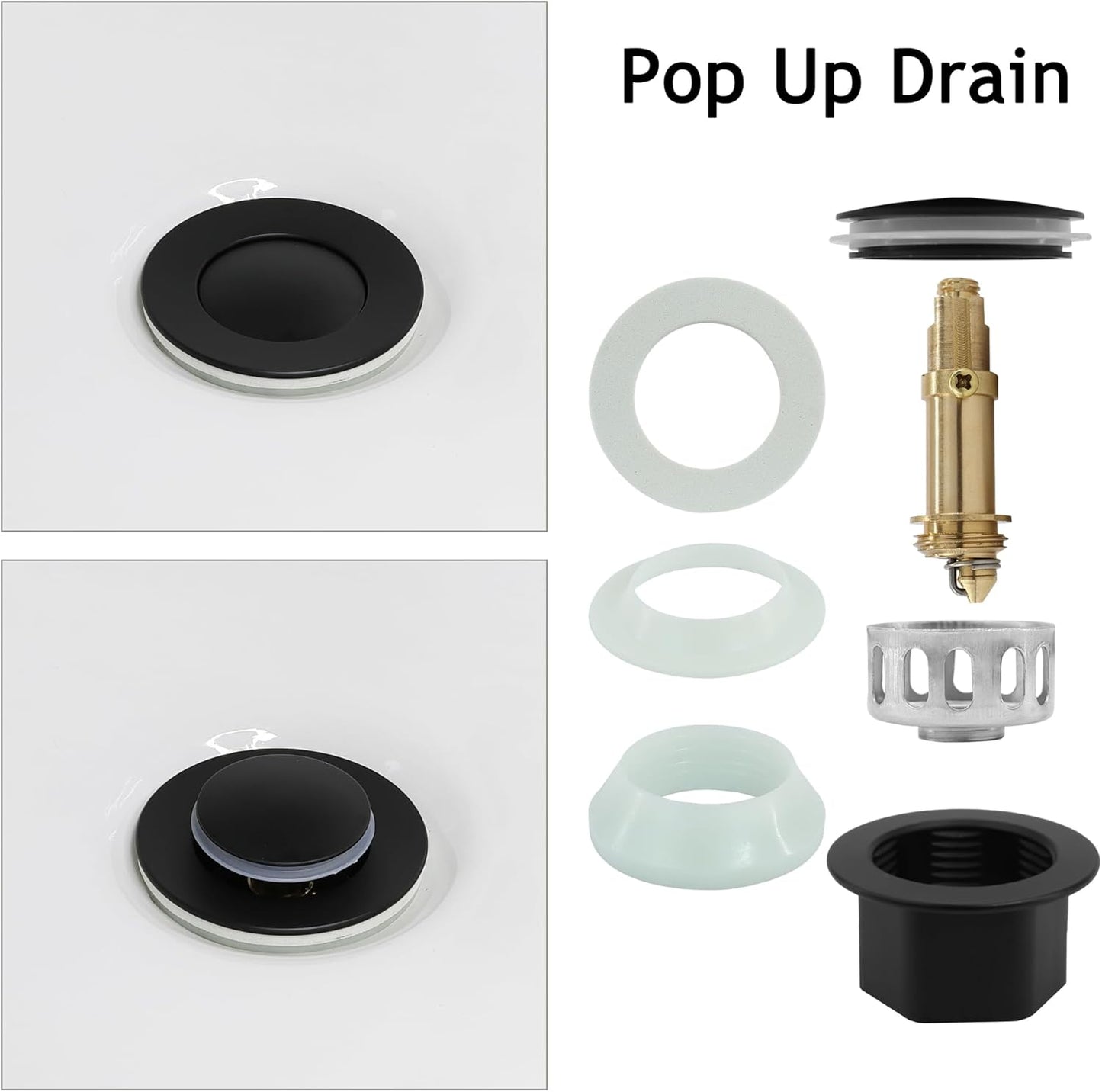 Bathroom Sink Drain,2 Pack Drain Stopper with Overflow,Small Cap Pop Up Drain Assembly with Detachable Strainer Basket,Built-in Anti-Clogging, Stainless Steel Nut Matte Black
