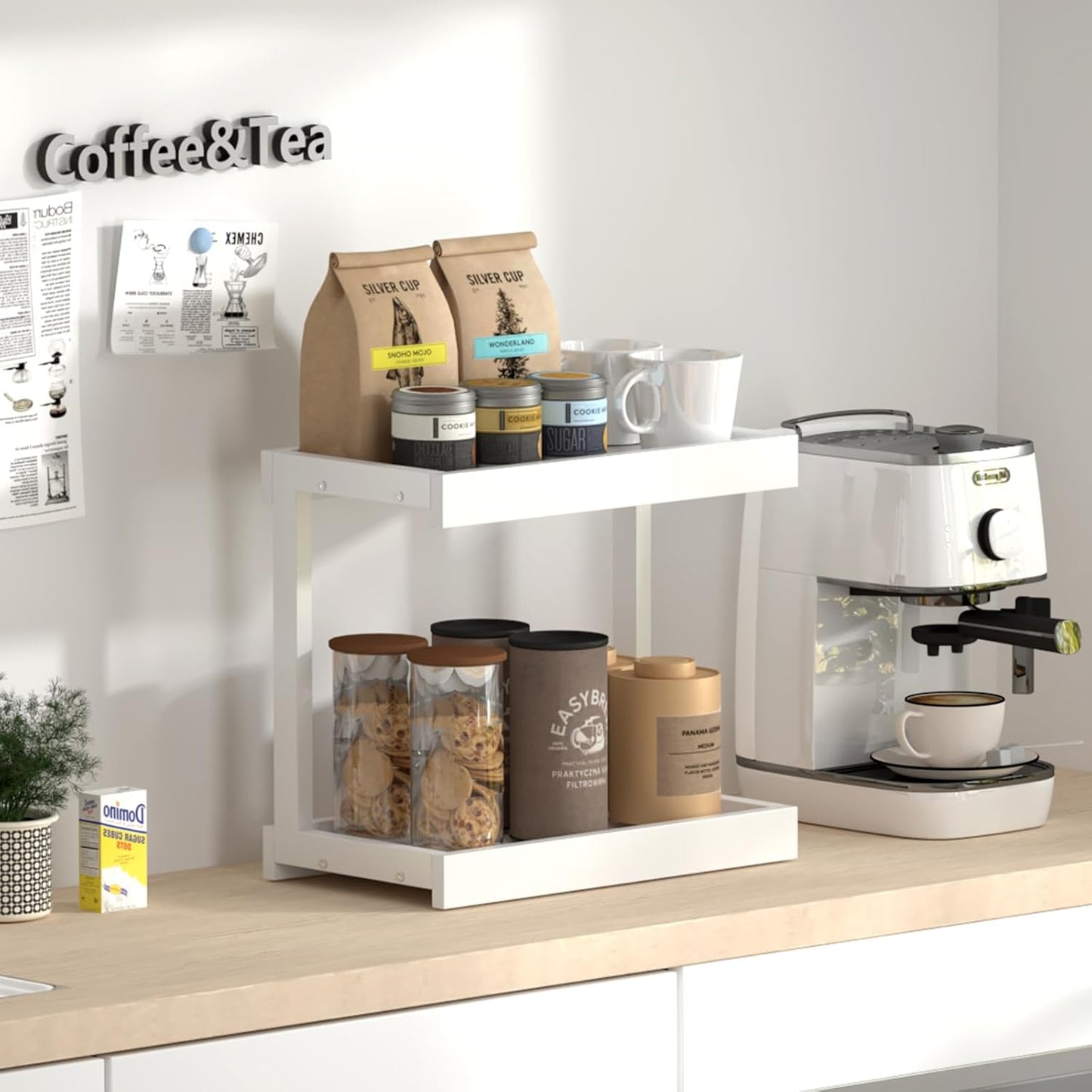 MARTY 2 Tier 15.75"x8.9" Large Countertop Shelf Organizer Spice Rack, Coffee Station Organizer for Mugs Cups, Wooden Shelf Desktop Storage Organizer for Kitchen Bathroom Home Office (White)