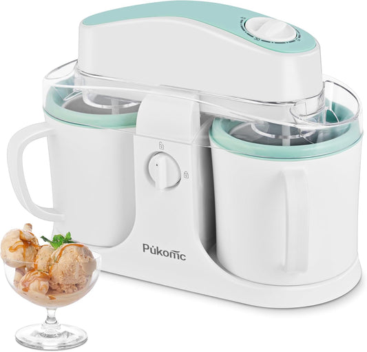 Pukomc Ice Cream Maker Machine for Home Use, with Two Ice Cream Bowls,Simple Operation and Easy to Clean,White Green