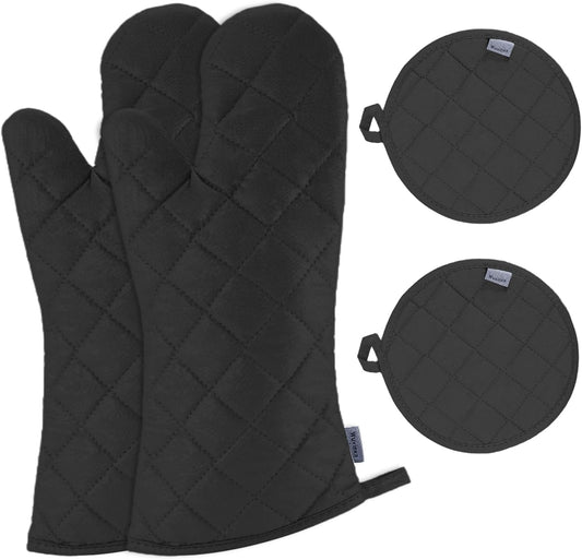 Set of 4 Oven Mitts and Pot Holder Heavy and Tall Kitchen Cotton Gloves Lined Towelcloth, Gloves Length 40cm, Pot Holder Width 20cm Diameter Round… (Black)