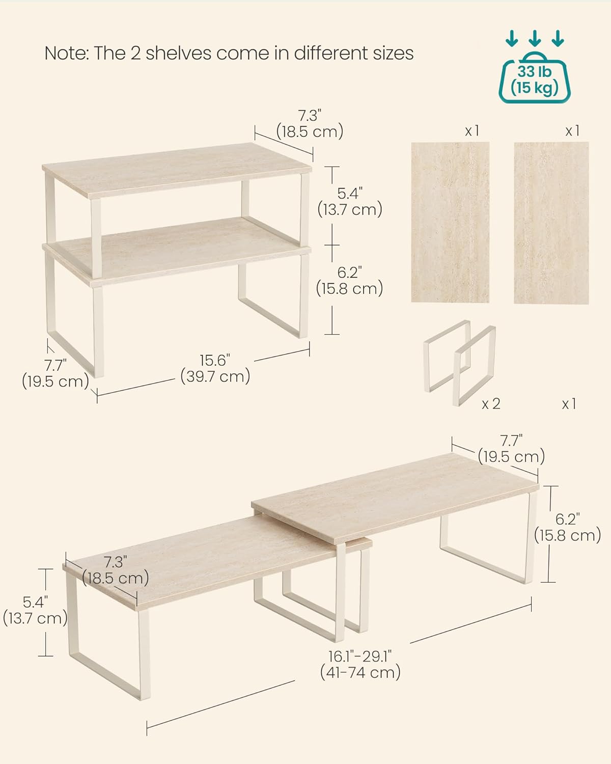 SONGMICS Cabinet Organizer Shelf, Set of 2 Kitchen Counter Shelves, Kitchen Storage, Spice Rack, Stackable, Expandable, Metal and Engineered Wood, Travertine Beige and Cream White UKCS025L01