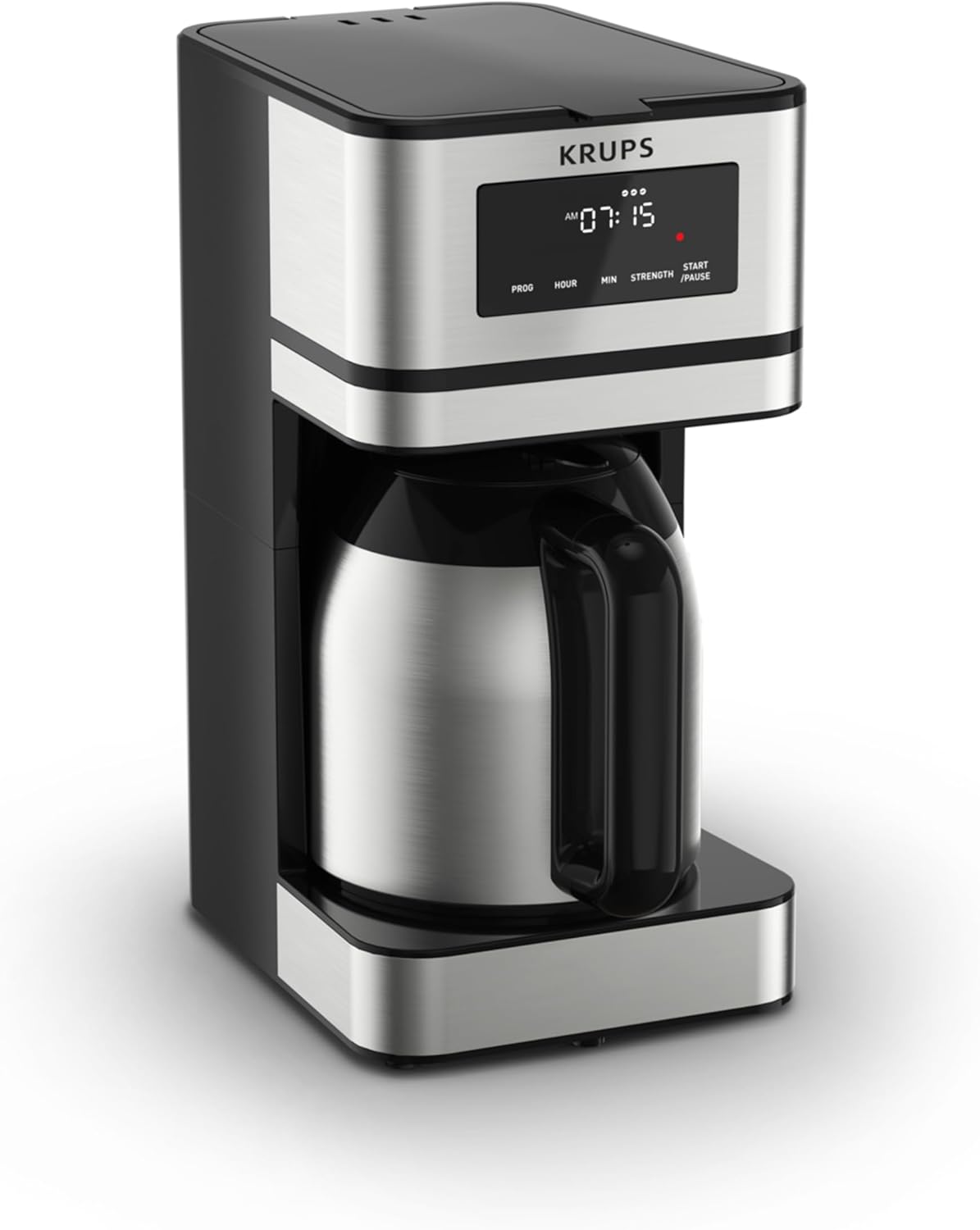 Krups Simply Brew Stainless Steel and Thermal Carafe Drip Coffee Maker 12 Cup Programmable, Customizable, Digital Display, Insulated Coffee Filter, Dishwasher Safe, Drip Free Silver and Black