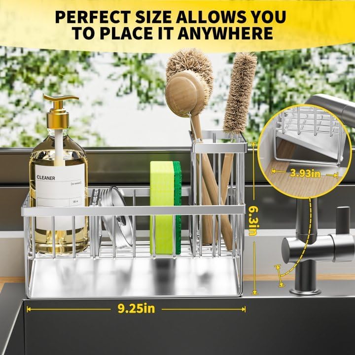 Cisily Sink Caddy Sponge Holder for Kitchen, 304 Stainless Steel Rustproof, Kitchen Sink Caddy with High Brush Holder, Dish Sponge Organizer with Divider(Silver)