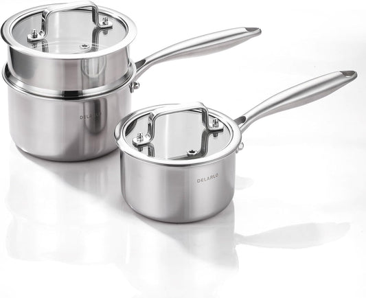 DELARLO Sauce Pan Sets, Compatible with All Cooktops 600℉, Full Clad Triply Stainless Steel Saucepan, 1QT Pot & 2 QT Pot with Steamer (Lids 300℉)