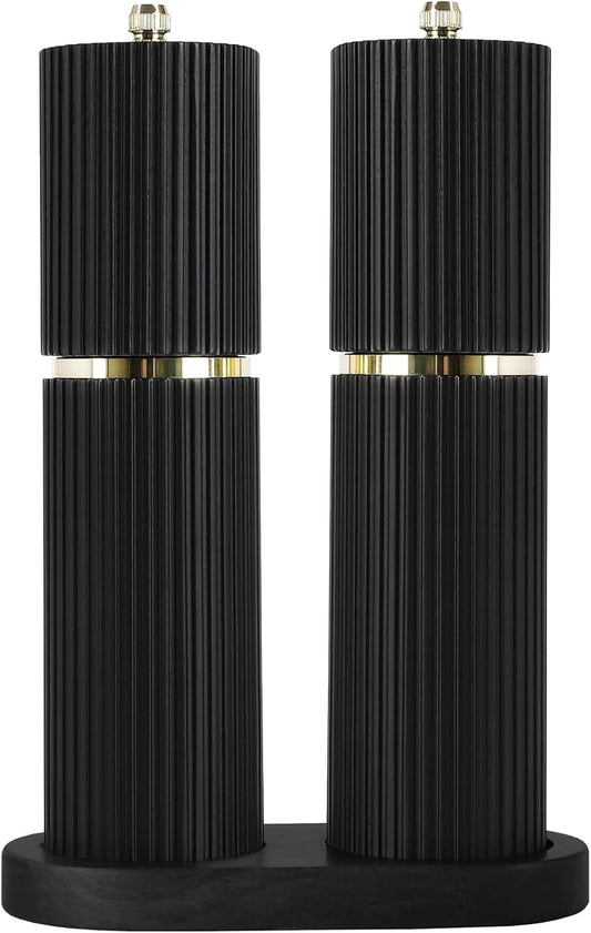 Wooden Salt and Pepper Grinder Set with Gold Accents, Salt and Pepper Grinder with Adjustable Coarseness, Beech Wood Pepper Grinder Manual,Salt and Pepper Shakers Matching Wooden Rray for Gifting