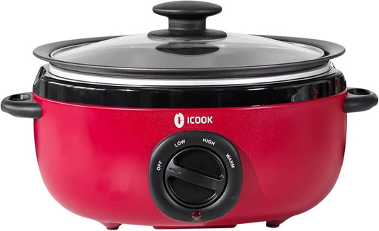 ICOOK 6.5 Quart Slow Cooker, Simmer Pot with Transparent Glass Cover, Cooks Entrees, Adjustable Temp, Sauces, Soups, Roasts, Stews and Dips (Red)