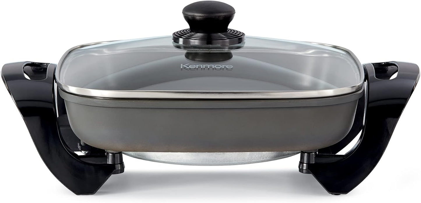 Kenmore Electric Skillet - Nonstick Frying Pan With Removable Glass Lid, Grill, Saute, Roast Chicken, Cook Pancake, 12x12" Temperature Control Easy Clean Countertop Kitchen Appliance