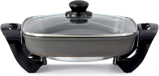Kenmore Electric Skillet - Nonstick Frying Pan With Removable Glass Lid, Grill, Saute, Roast Chicken, Cook Pancake, 12x12" Temperature Control Easy Clean Countertop Kitchen Appliance