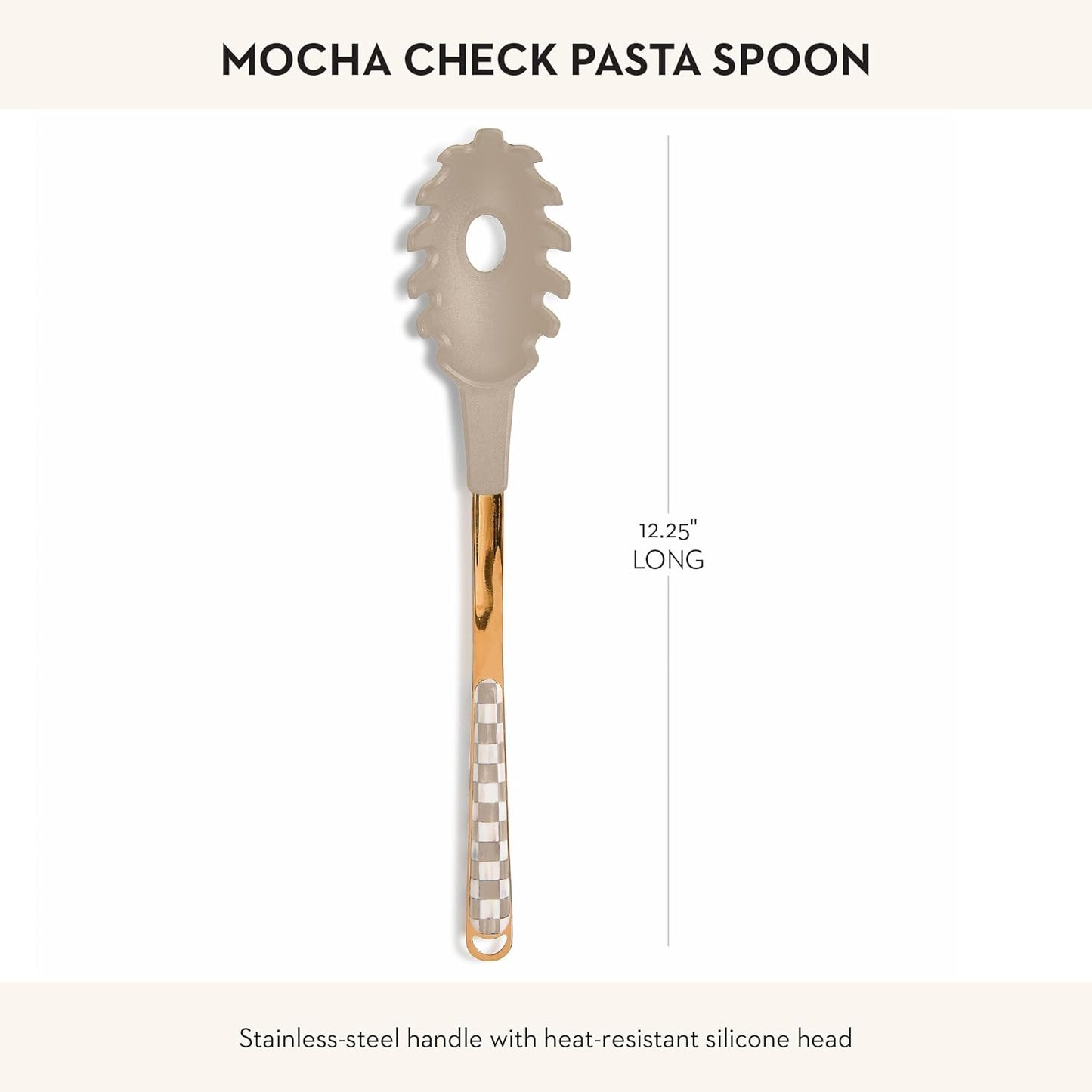 MACKENZIE-CHILDS Kitchen Pasta Spoon, Silicone Spaghetti Spoon, Brown-and-White Mocha Check