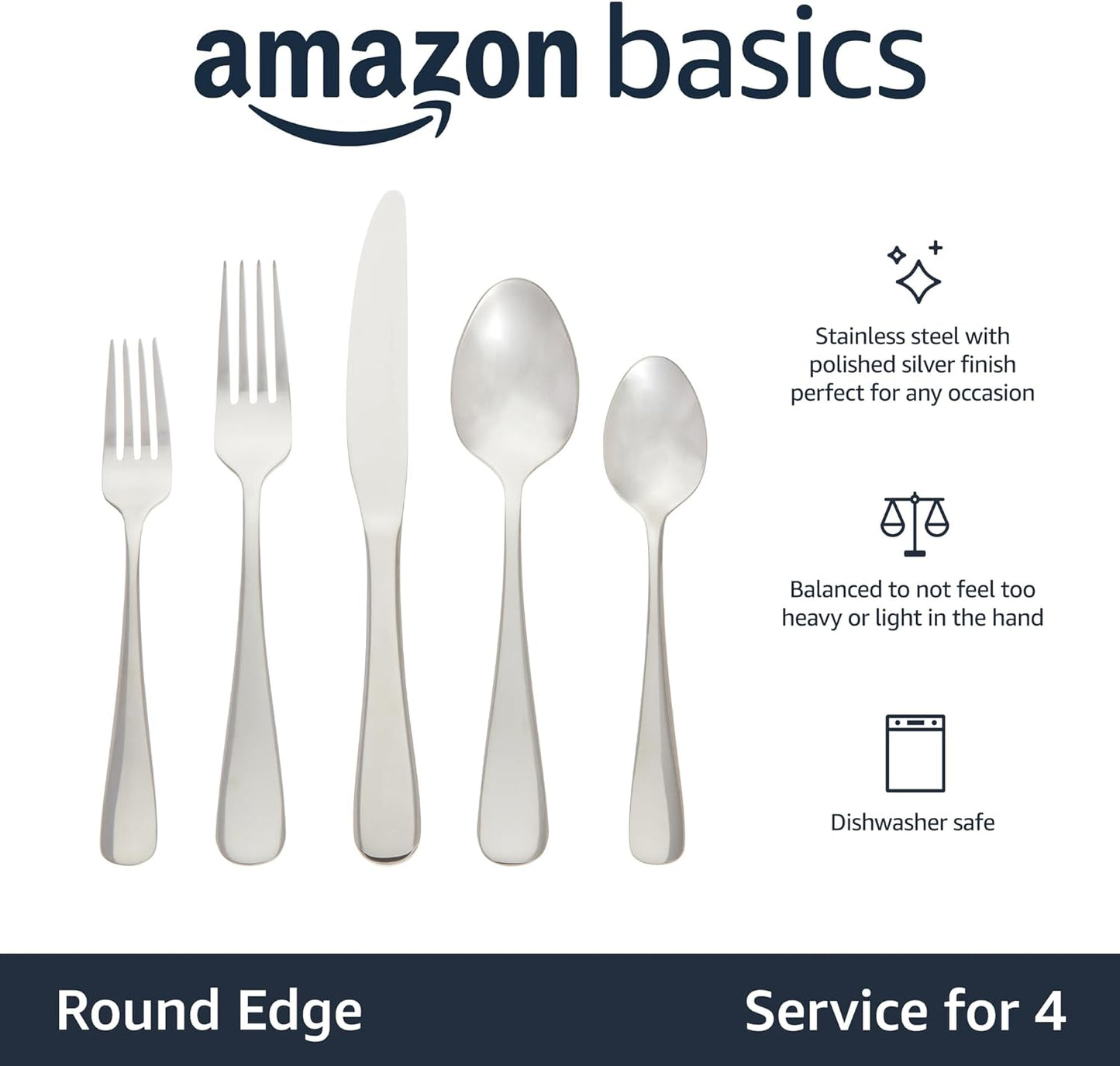Amazon Basics Silverware Set, Stainless Steel Flatware, Dishwasher Safe, Service for 4, 20-Piece Forks and Spoons, Round Edge