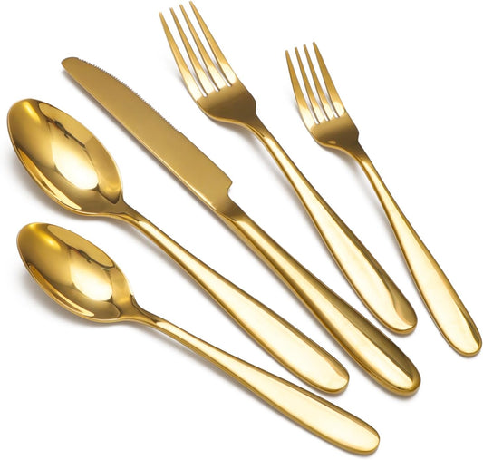 40-Piece Gold Silverware Set, Flatware Set for 8, Food-Grade Stainless Steel Tableware Cutlery Set, Mirror Finished Utensil Sets for Home Restaurant, Forks Spoons and Knives Set, Dishwasher Safe