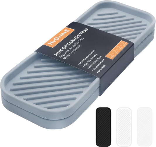 Silicone Organizer Tray, Soap and Sponge Holder for Kitchen Sink, Bathroom - Storage Tray for Dish Brush, Soap Dispenser, Dishwashing Accessories- 2 Pack (Gray)