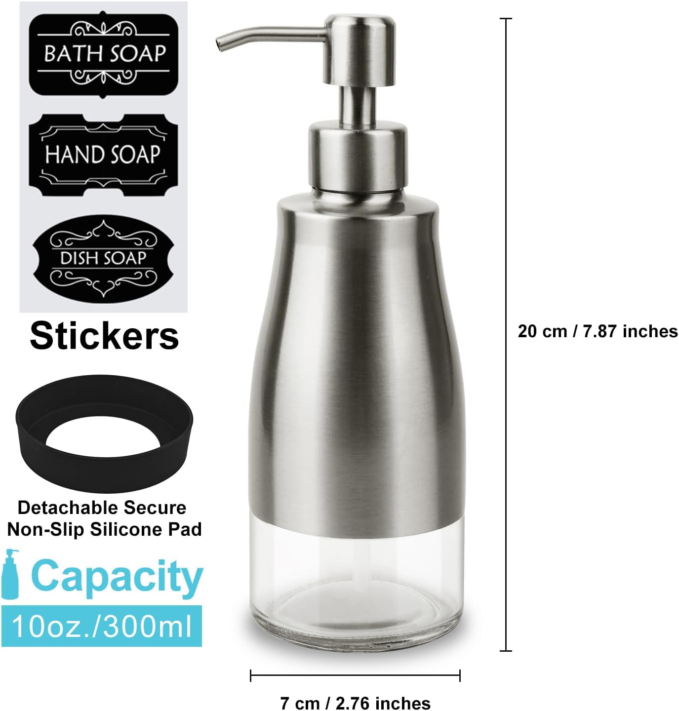 Soap Dispenser With Non-Slip Silicone Pad - 2 Pack, Stainless Steel Case Glass Liner Hand Pump for Kitchen and Bathroom