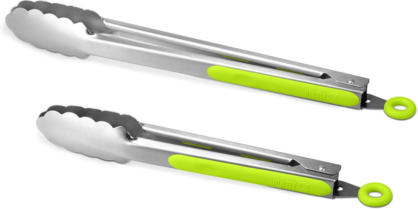 304 Stainless Steel Kitchen Cooking Tongs, 9" and 12" Set of 2 Sturdy Grilling Barbeque Brushed Locking Food Tongs with Ergonomic Grip, Green