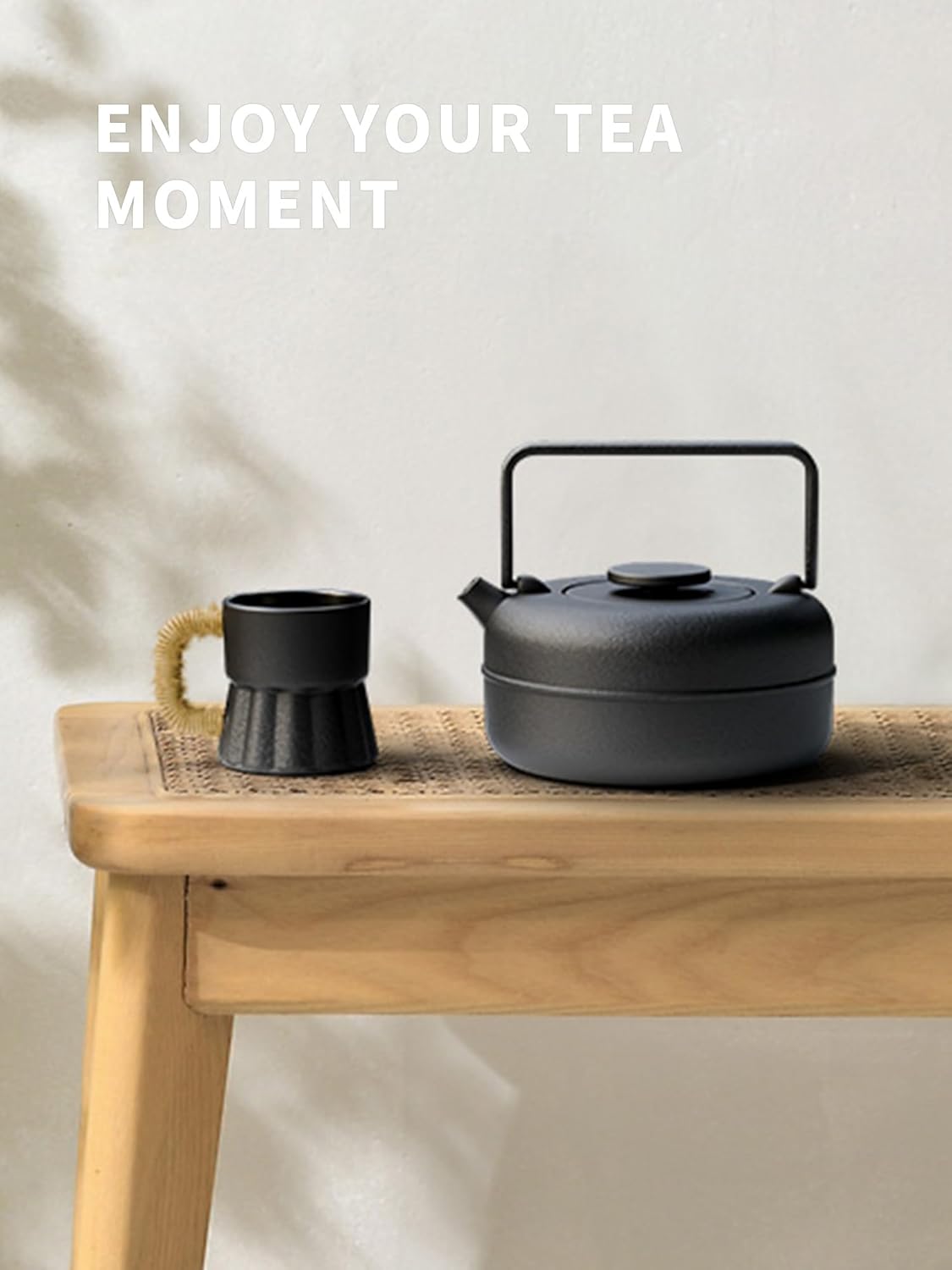 Toptier Teapot with Removable Infuser, Cast Iron Tea Kettle Stovetop Safe, Solid Geometry Cylinder Design Tea Pot Coated with Enameled Interior for 27 Ounce (800 ml), Black