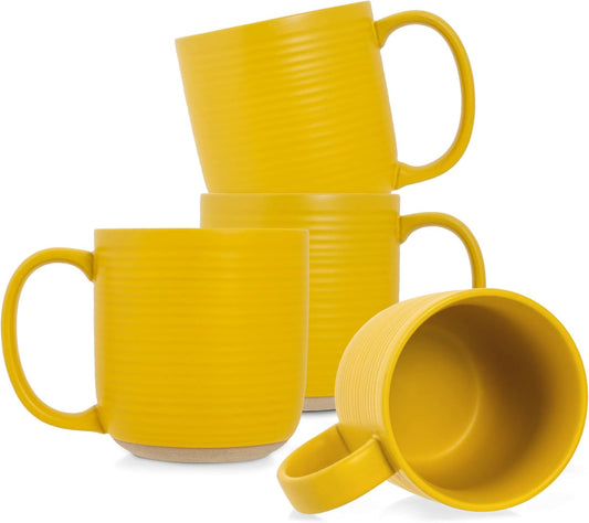 Elanze Designs Ribbed Ceramic Stoneware 16 ounce Raw Clay Bottom Coffee Mugs Set of 4, Mustard