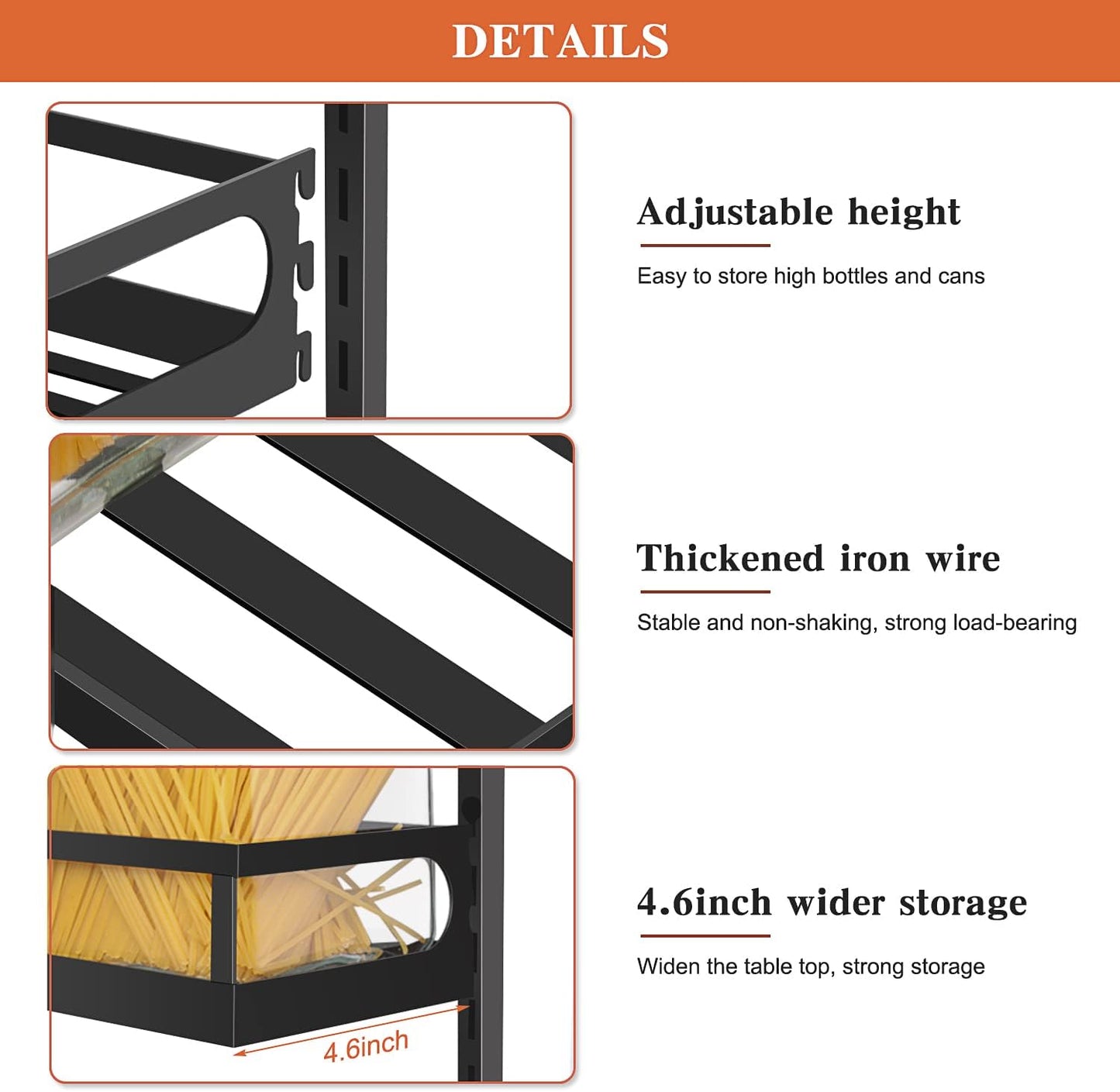 X-cosrack Wall Mount Spice Rack Organizer 5 Tier Height-Adjustable Hanging Spice Shelf Storage for Kitchen Pantry Cabinet, Dual-Use Seasoning Holder Rack with Hooks, Black-Patented