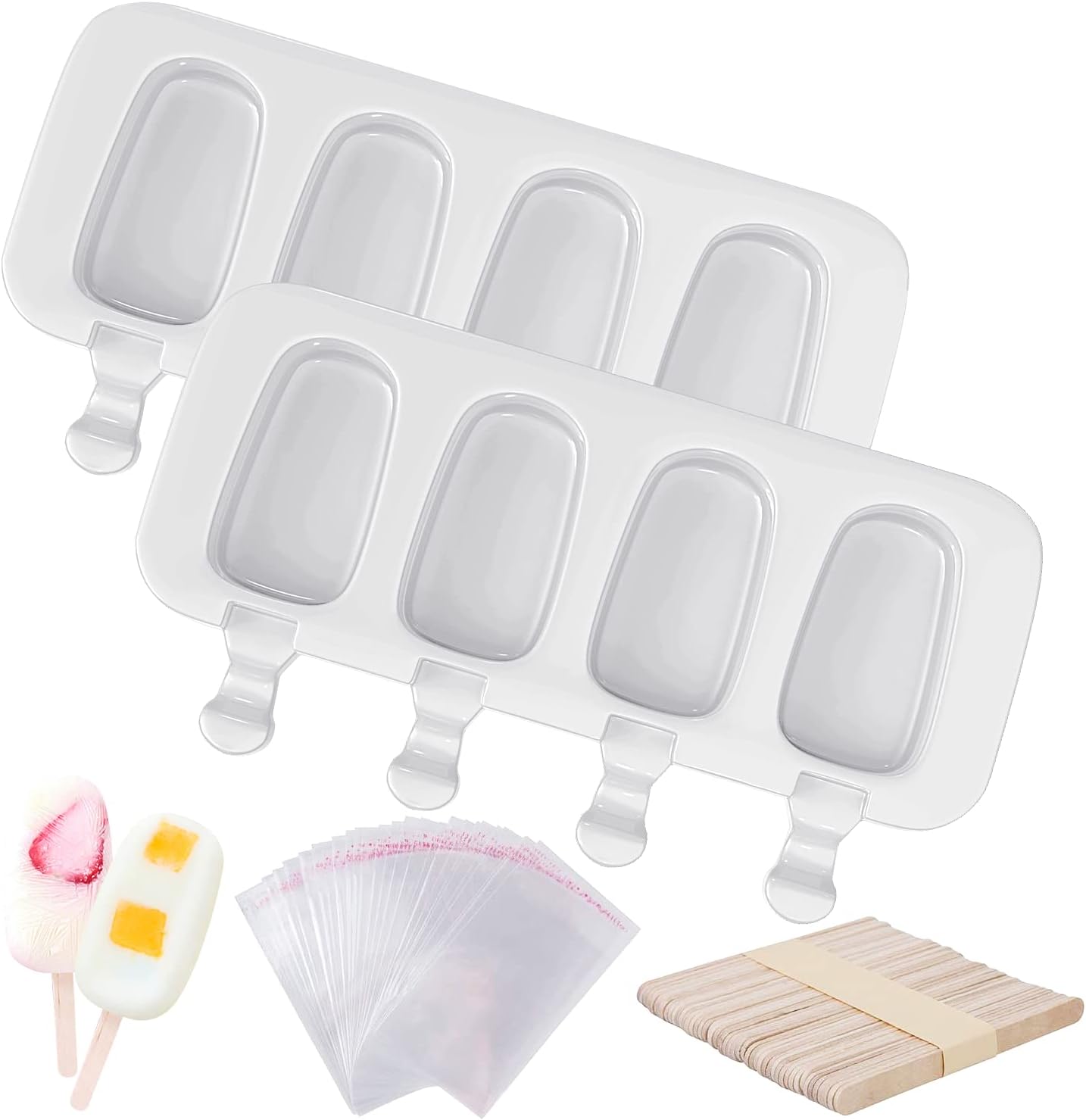 Ozera 2 Pack Popsicles Molds Set, Silicone 4 Cavities Oval Popsicle Cake Pop Molds for Homemade Cakesicles, with 50 Wooden Popsicle Sticks & Bags