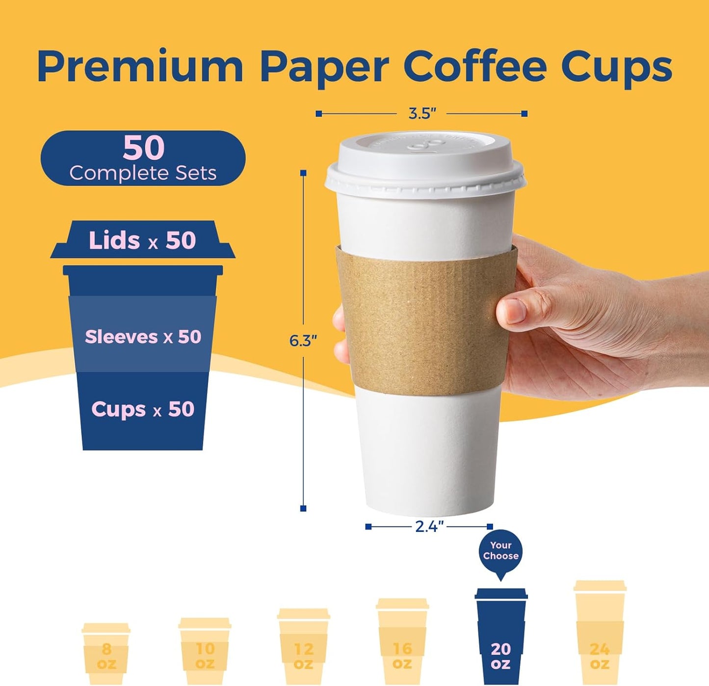 Fit Meal Prep 50 Pack 20 oz Disposable Coffee Cups with Lids, Sleeves, Leak-Proof To Go Coffee Cups with Lids, Durable Hot Paper Cups for Home, Office, Party, Business