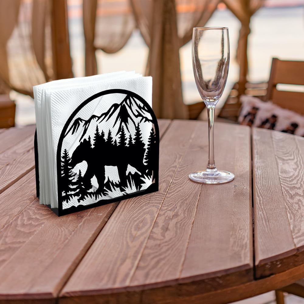 Forest Animals Mountain Decorative Black Metal Napkin Holder for Table, 4.9" x 4.9" x 1.9" Bear Standing Napkin Holder for Home Kitchen Restaurant Picnic Party Coffee Bar Dining Room
