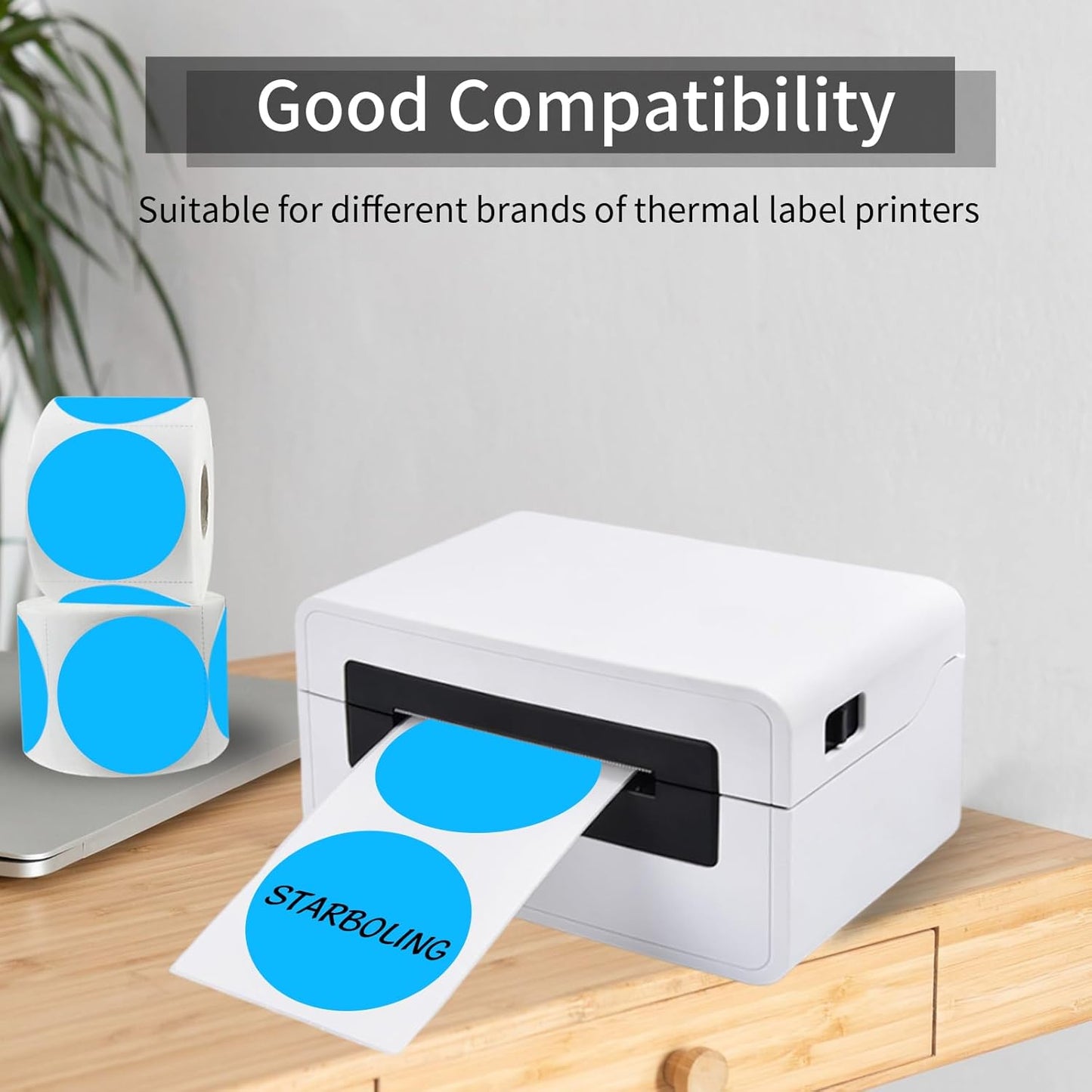 starboling Thermal Labels,2 Inch Blue Round Thermal Printer Stickers,Self-Adhesive Round Direct Thermal Labels,Thermal Stickers for DIY Logo Design,Name Tag (500/Roll）