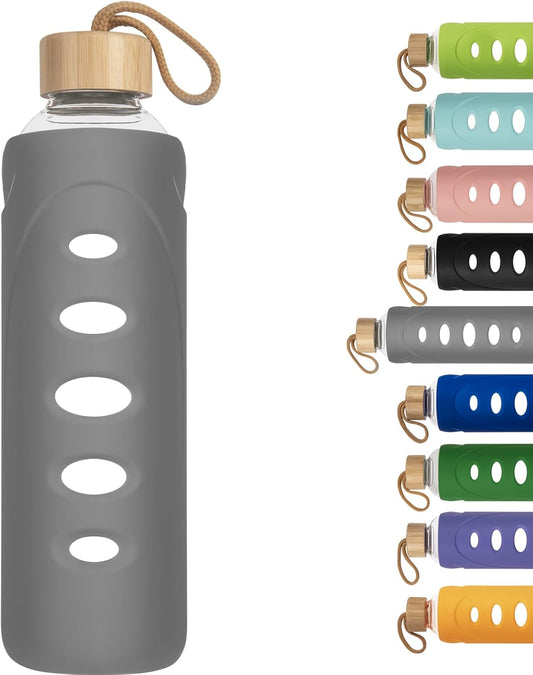Sport 32oz Glass Water Bottle 1000ml /1 liter Borosilicate Glass Water Bottle Reusable Waterbottle Jugwith Silicone Sleeve and Unique Lid (Grey