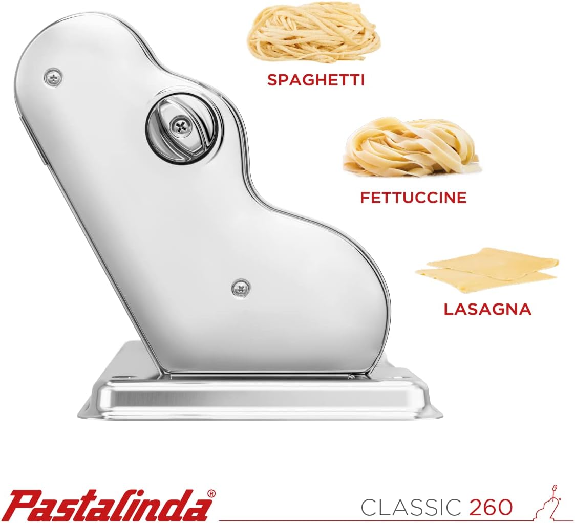 PASTALINDA Classic 260 Pasta Maker Machine, 26 cm Wide Rollers, 9 Thickness Positions, 2 Cutting Positions, Stainless Steel. Includes Reinforced Hand Crank And Two Clamps (Chrome)