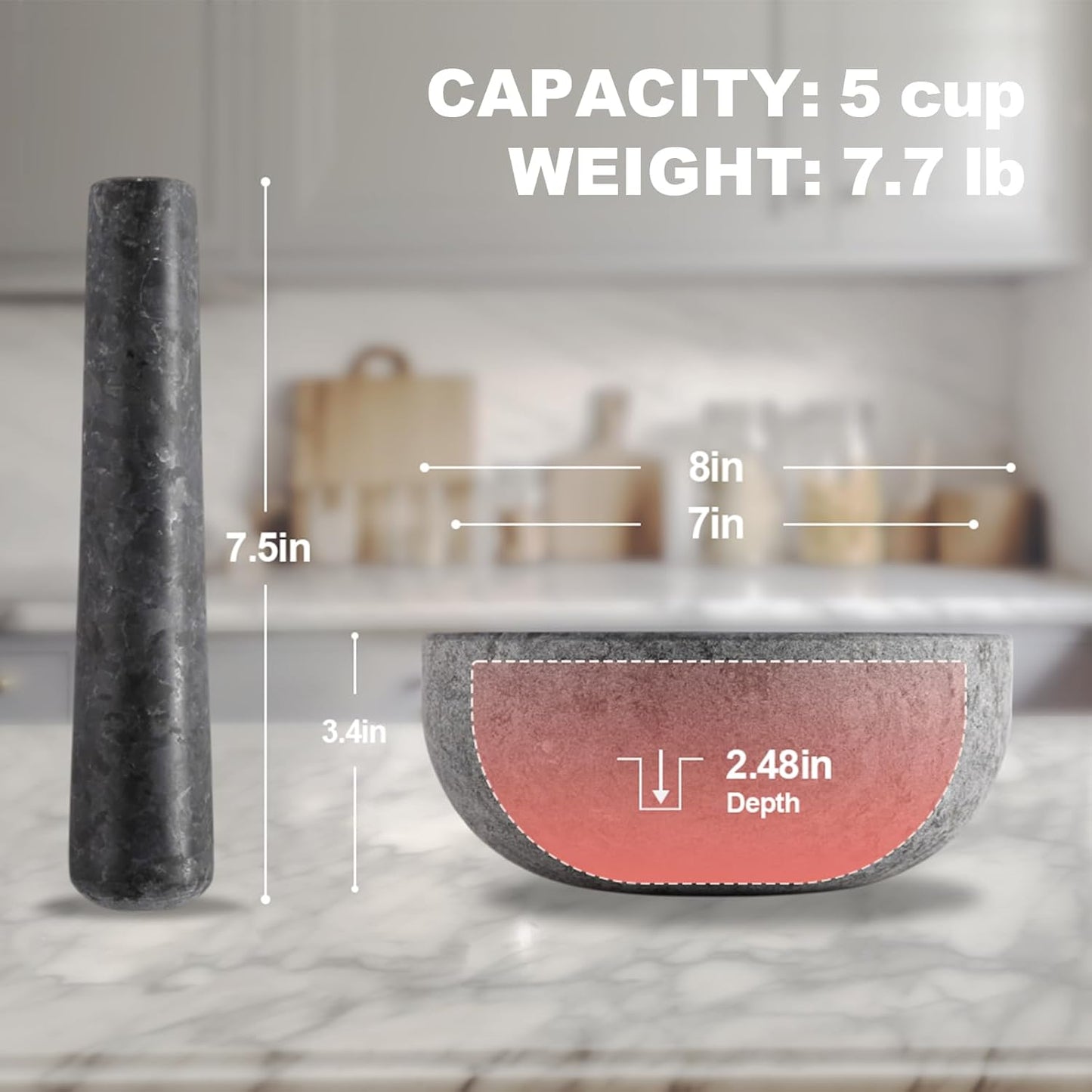 Koville Natural Granite Mortar and Pestle Set, 8" Extra Large Grinder Bowl for Guacamole, Salsa, Pill Crusher, Spice, Herb, Garlic, Nut, Heavy Duty Grinder for Kitchen Sand-Blasted Finish